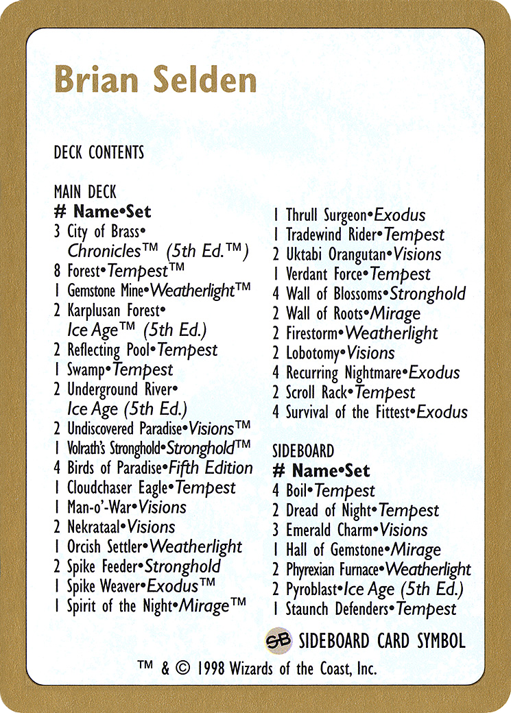 Brian Selden Decklist [World Championship Decks 1998] - Trinity Hobby