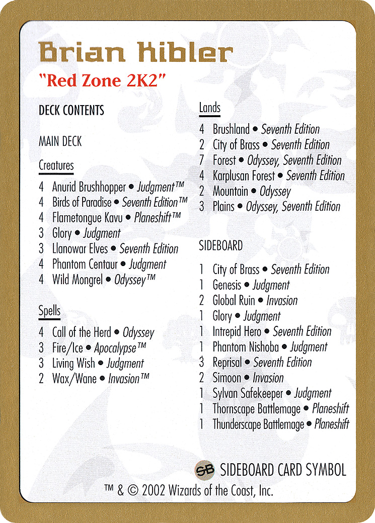 Brian Kibler Decklist [World Championship Decks 2002] - Trinity Hobby