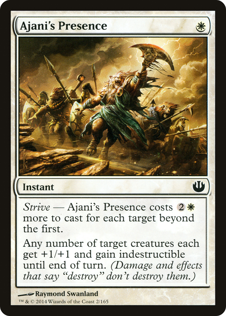 Magic: The Gathering Ajani's Presence single card from Journey into Nyx, featuring artwork of Ajani lion and magical symbols.