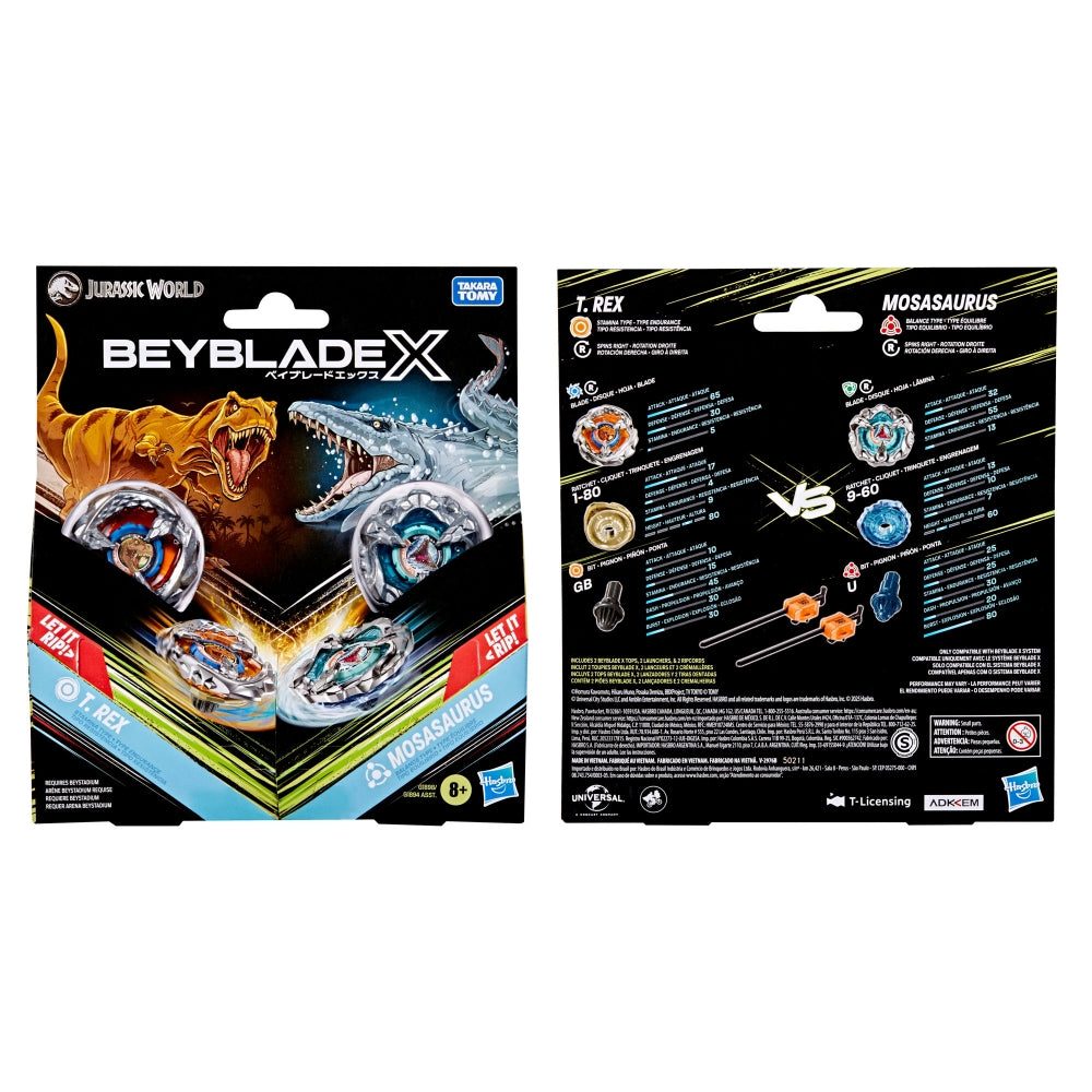 HASBRO Beyblade X Jurassic World Collab - T.REX 1-80GB VS MOSASAURUS 9-60U Dual Pack - Trinity Hobby