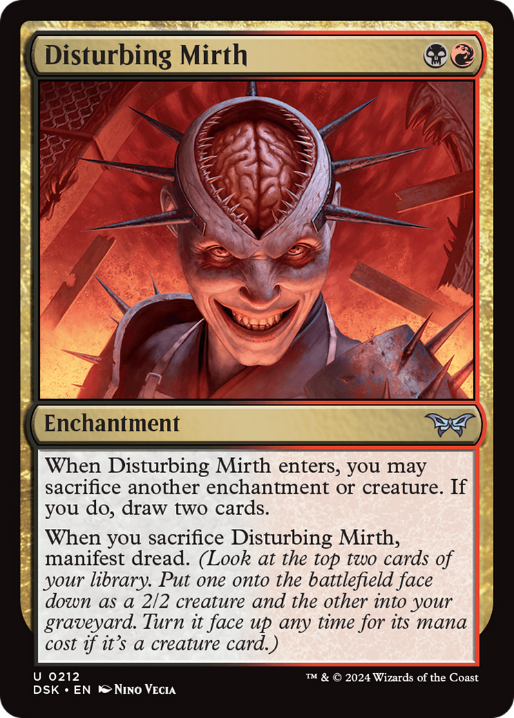 Magic: The Gathering Disturbing Mirth MTG single card from Duskmourn: House of Horror, featuring dark fantasy artwork.