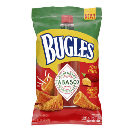 Kellogg General Mills Bugles snacks flavored with Tabasco, spicy corn snack cones, crispy and bold in flavor.