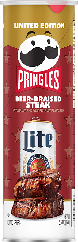 Kellogg Pringles large snack can featuring Miller beer-braised steak flavor, with colorful potato chips visible inside.