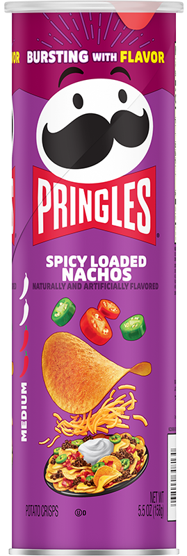 Kellogg Pringles Spicy Loaded Nachos snack chips in a bowl, showing crispy, seasoned potato chips with spicy nacho flavor.