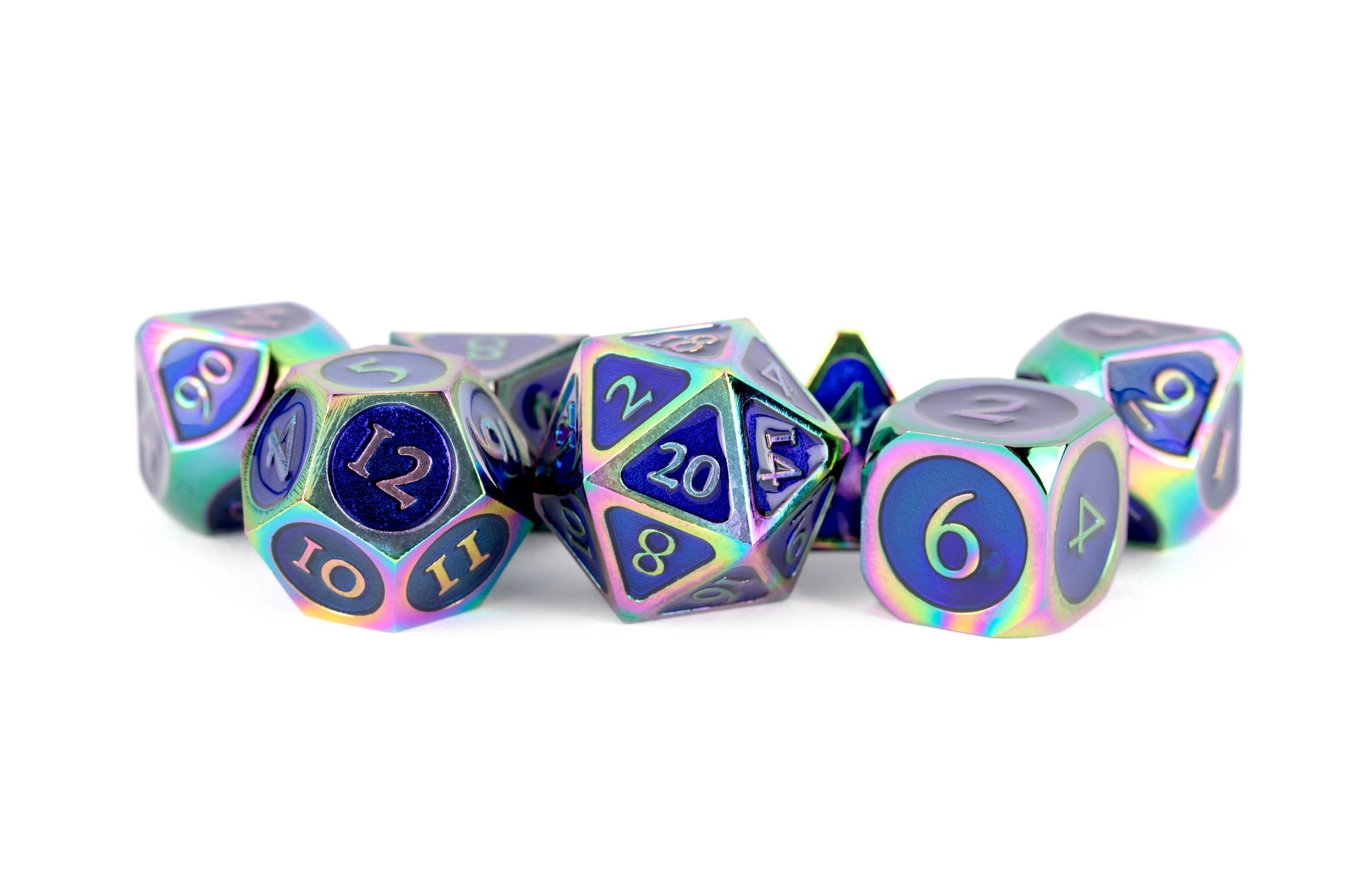 METAL 7 DICE SET RAINBOW W/BLUE ENAMEL 16MM - Trinity Hobby