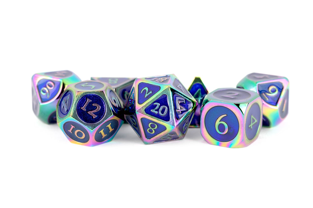 METAL 7 DICE SET RAINBOW W/BLUE ENAMEL 16MM