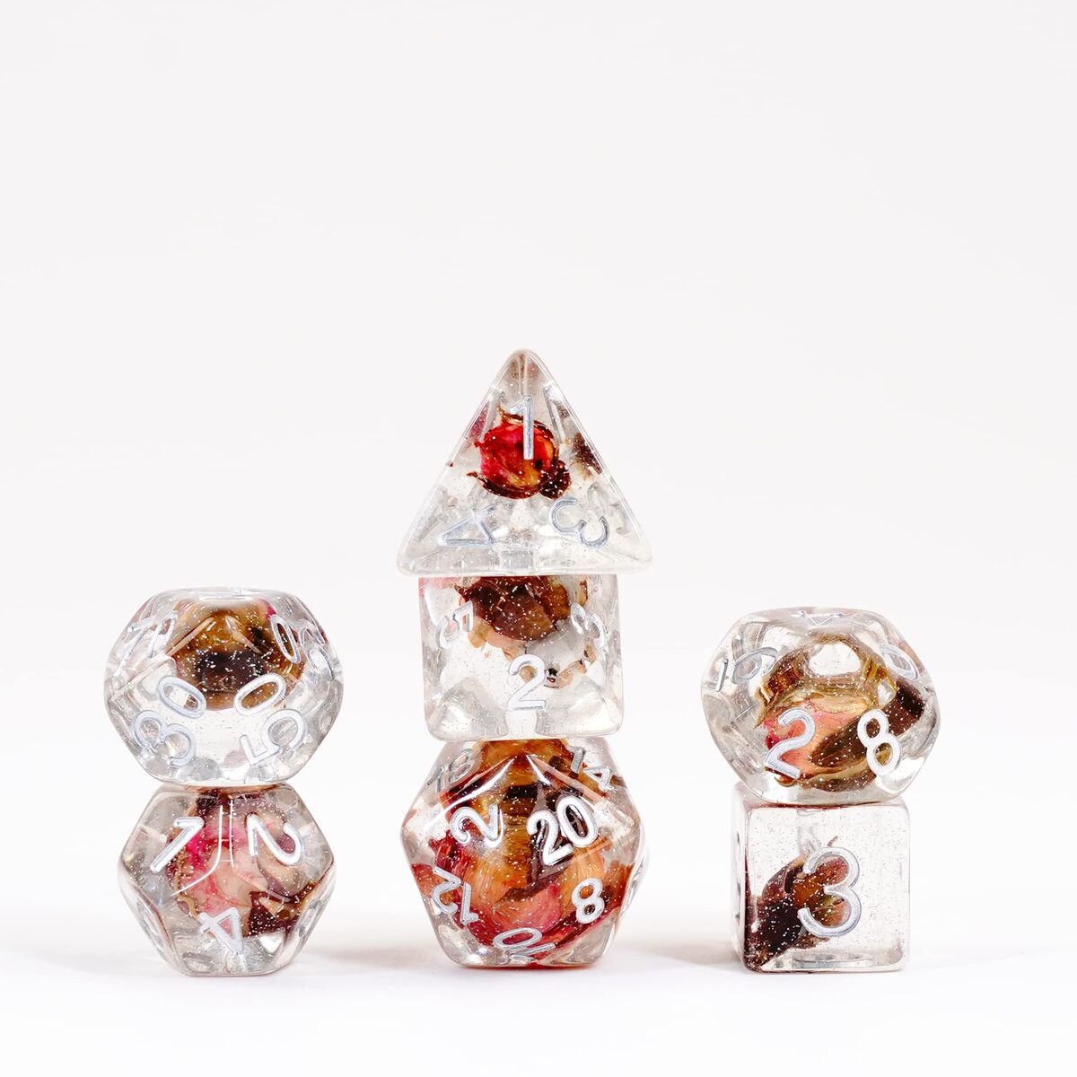 RESIN 7 DICE SET ROSE INCLUSION 16MM - Trinity Hobby