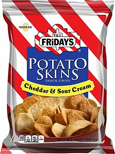 Kellogg TGI Fridays Potato Skins snack with cheddar cheese and sour cream, showing crispy potato skins topped with cheese and sour cream.