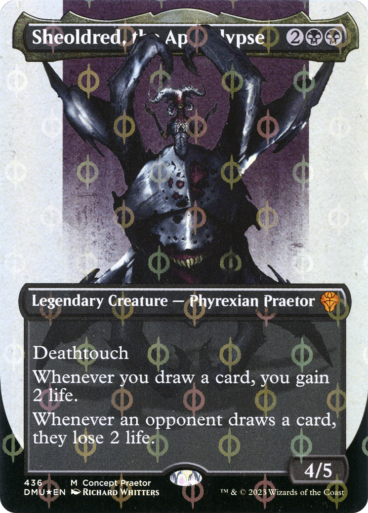 Sheoldred, the Apocalypse (Borderless Concept Praetors Step-and-Compleat Foil) [Phyrexia: All Will Be One] - Trinity Hobby