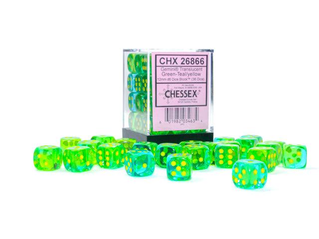 Gemini: 36D6 Translucent Green- Teal/Yellow Dice Block - Trinity Hobby