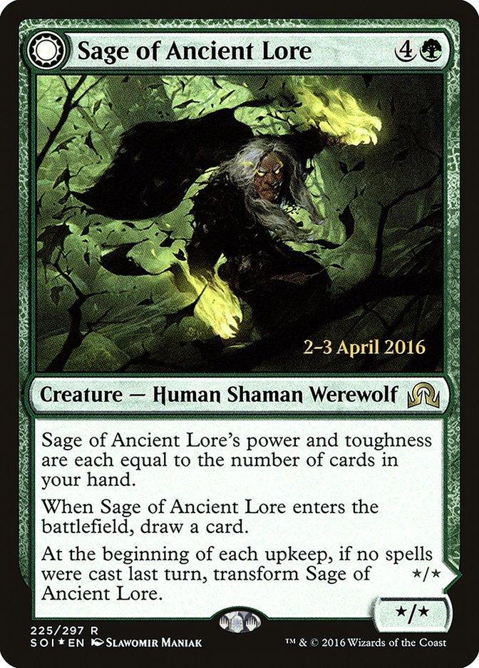 Sage of Ancient Lore // Werewolf of Ancient Hunger [Shadows over Innistrad Prerelease Promos] - Trinity Hobby