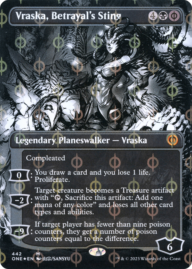 Vraska, Betrayal's Sting (Borderless Manga Step-and-Compleat Foil) [Phyrexia: All Will Be One] - Trinity Hobby