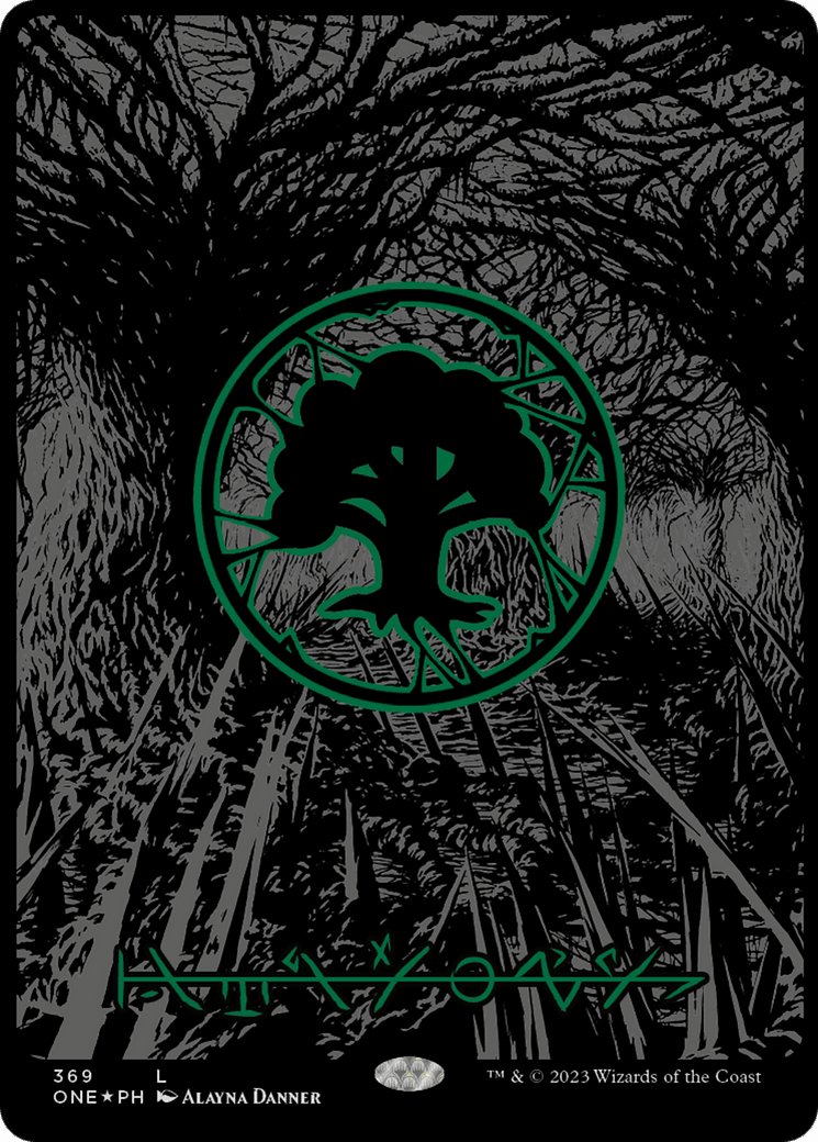 Forest (369) (Oil Slick Raised Foil) [Phyrexia: All Will Be One] - Trinity Hobby