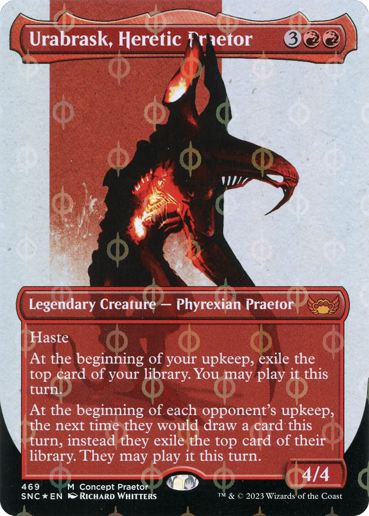 Urabrask, Heretic Praetor (Borderless Concept Praetors Step-and-Compleat Foil) [Phyrexia: All Will Be One] - Trinity Hobby