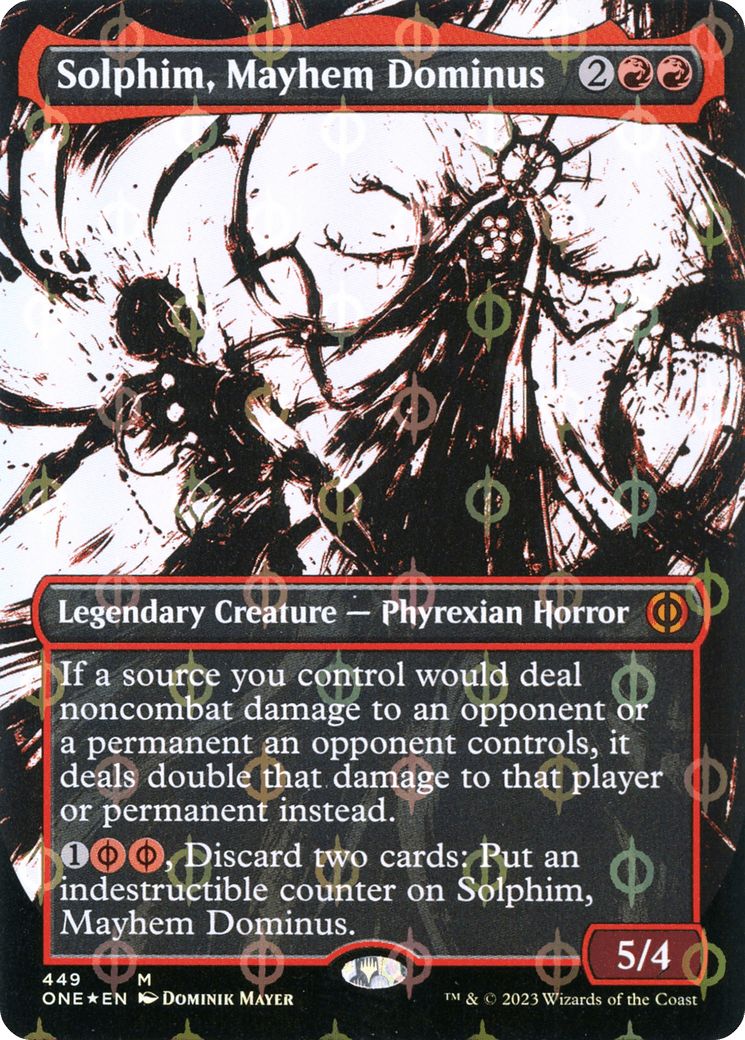 Solphim, Mayhem Dominus (Borderless Ichor Step-and-Compleat Foil) [Phyrexia: All Will Be One] - Trinity Hobby