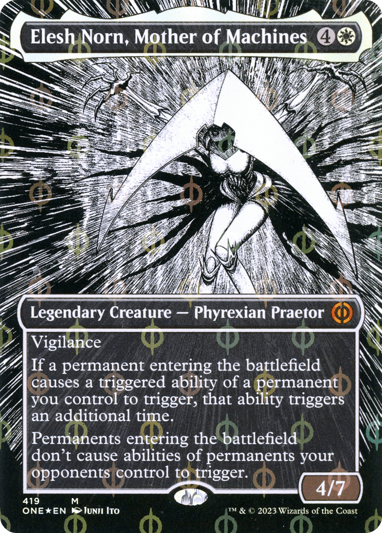 Elesh Norn, Mother of Machines (Borderless Manga Step-and-Compleat Foil) [Phyrexia: All Will Be One] - Trinity Hobby
