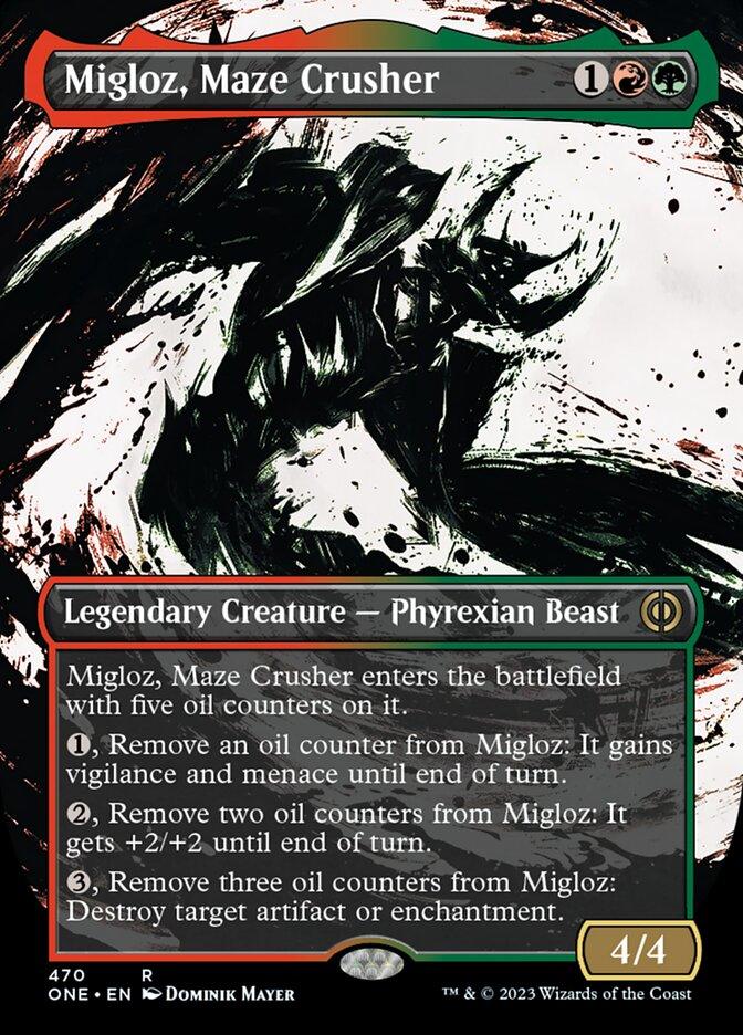 Migloz, Maze Crusher (Borderless Ichor Step-and-Compleat Foil) [Phyrexia: All Will Be One] - Trinity Hobby