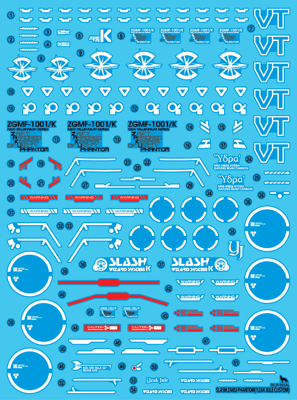 Delpi Decals: MG Slash Zaku Phantom (YZAK JULE Custom) Water Decal - Trinity Hobby